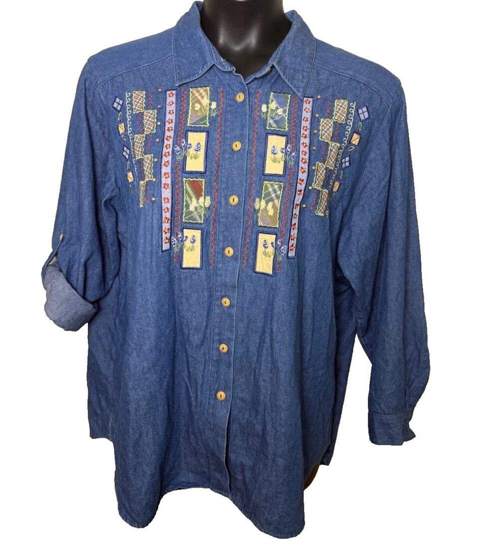 Koret City Blues Denim Blouse 20W Cottagecore Patchwork Applique Embroidered